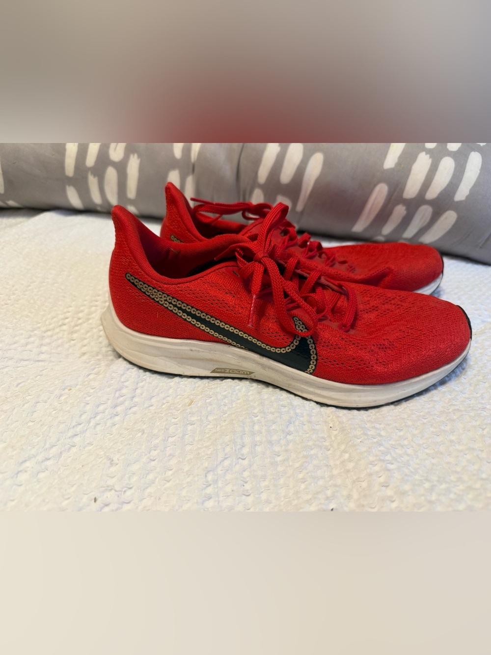 Nike Red Knit Runners with Black and Gold Swoosh